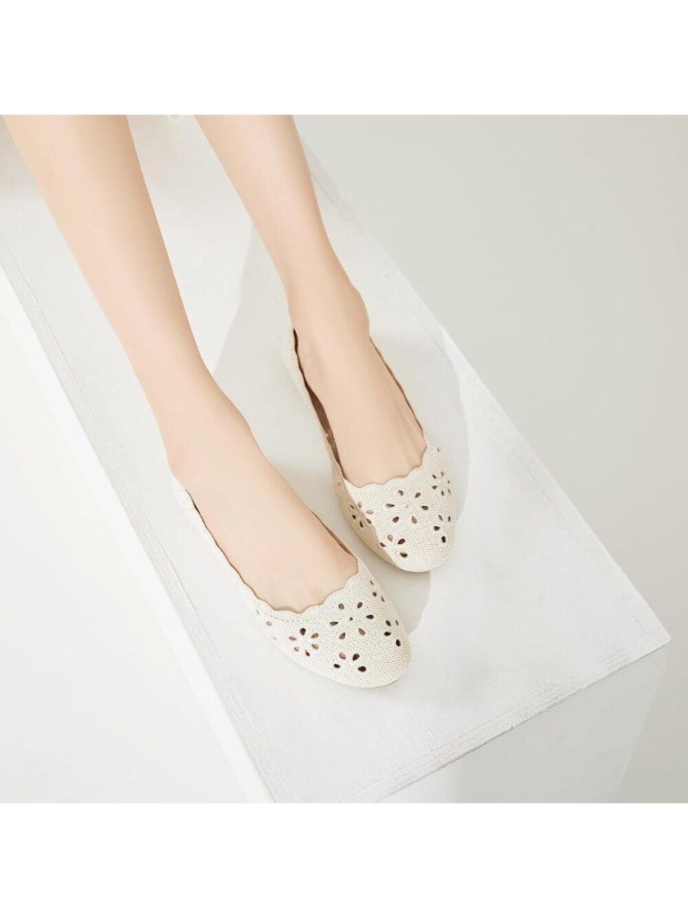 Women's Nude Mesh Floral Ballet Flats Comfortable Slip On Casual Walking Shoes - Picture 6 of 6
